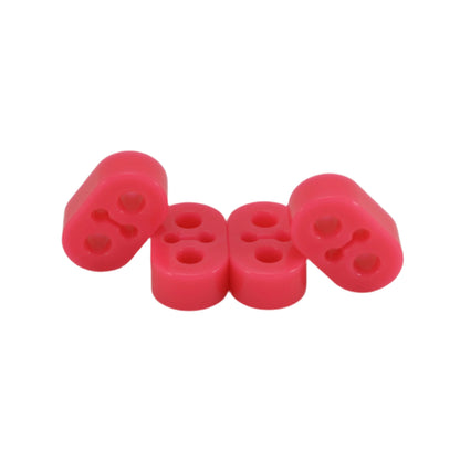 A set of four pink urethane exhaust hangers with 15mm holes, displayed against a white background.