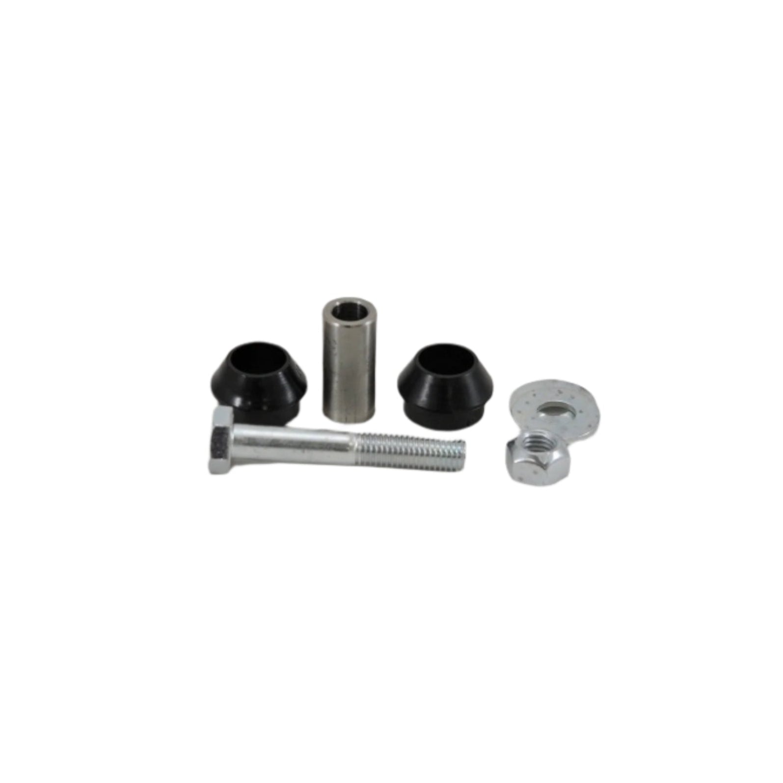 The image shows an End Link Rebuild Kit with metal bushing halves, a spacer, bolt, washers, and a nut arranged on a white surface.
